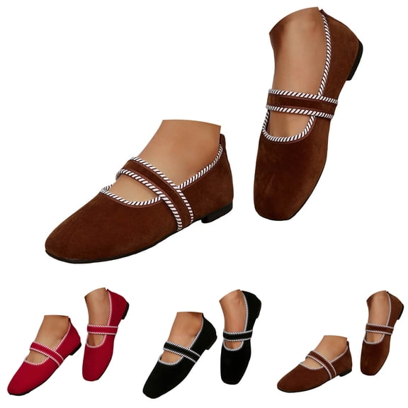Pandaie Mary Jane Women Flat Shoes Square Toe Slip on Dressy Work Flats Comfortable Suede Casual Ballerina Driving Walking Shoes Black 6