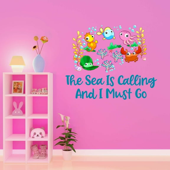 The Sea Is Calling Me Under Water Sea Creatures Crab Octopus Fish Seahorse Clam Shellfish Urchin Kelp Queen Sweet Dreams Bedtime Unicorn Holiday Decorating Wall Decal Sticker - Size: 20 In X 16 In