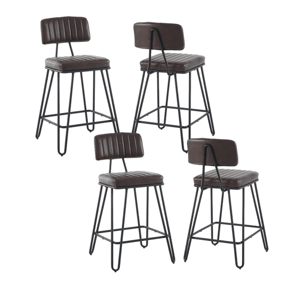 Set of 4 Industrial Bar Stools, Counter Height Chairs with PU Leather Upholstery & Metal Frame, Vintage Bar Chairs with Backrest & Footrest for Kitchen Island, Dining Room, Home Bar (Brown)