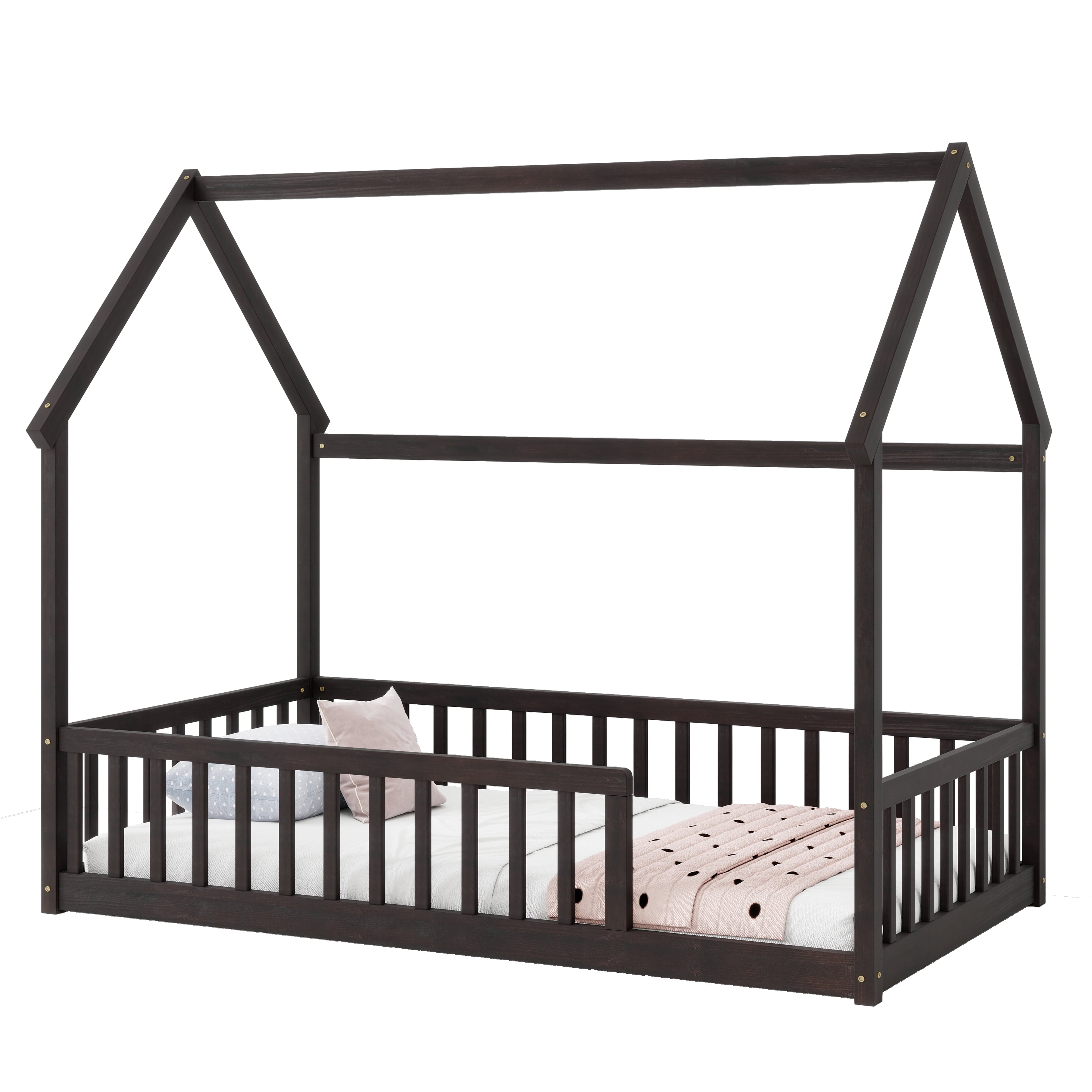 Twin Size House Floor Bed with Roof Frame, Pine Wood Floor Bed with Safety Guardrails, Espresso