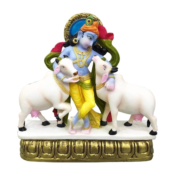 Sri Krishna Culture Standing Krishna with 2 Cows(Height-12) - Hindu God and Goddess Idol/Statue/Murti/Figurine-Polyster Resin-Multicolour