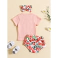 thumbnail image 3 of Wassery Infant Baby Girls Summer Outfits Letter Print Short Sleeve T-shirt and Peach Print Elastic Shorts Headband 3Pcs Set, 3 of 9