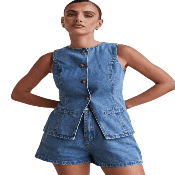 LYMAYTER Casual Jean Set Cropped Button Front Vest High Rise Shorts Lightweight Lounge Outfit S-XXL