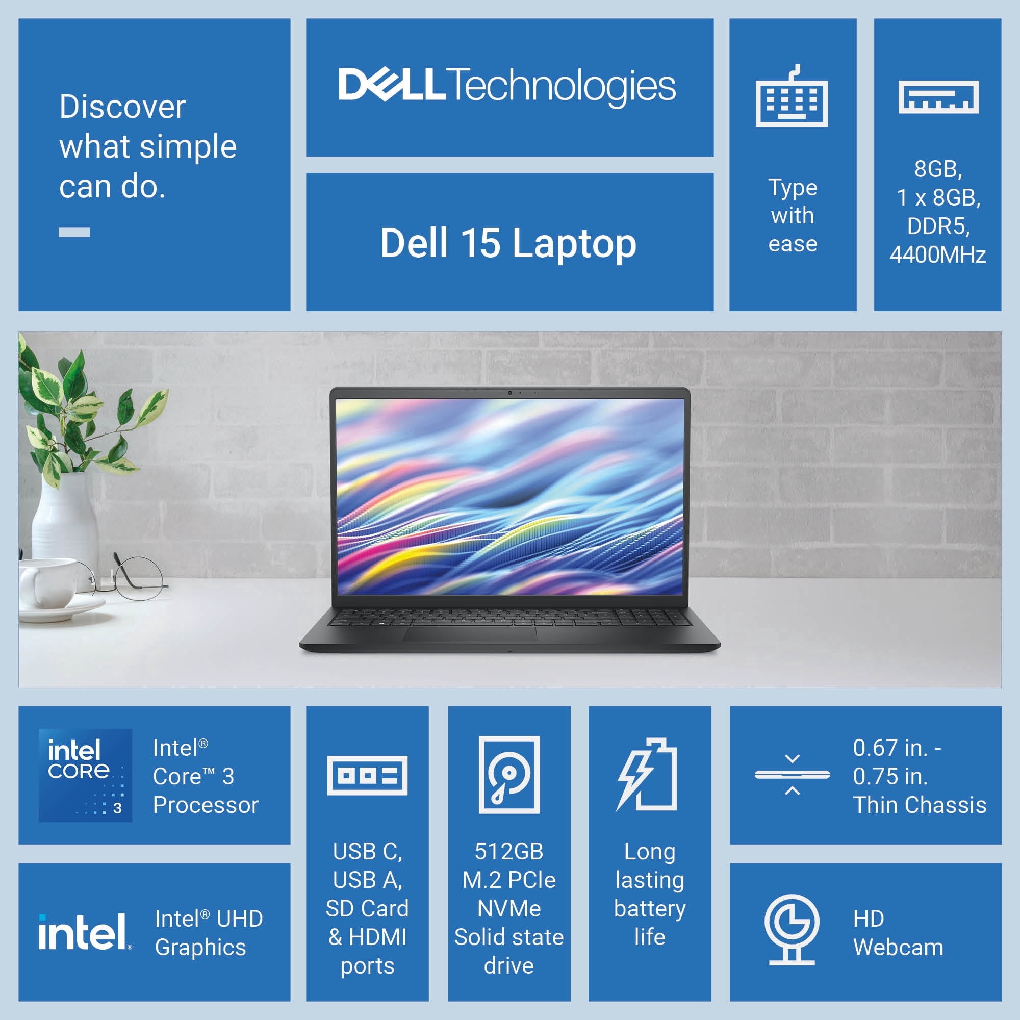 Dell Laptop DC15250, 15.6" FHD 120Hz Display, Intel Core 3 100U, 8GB DDR5 RAM, 512GB SSD, Carbon Black