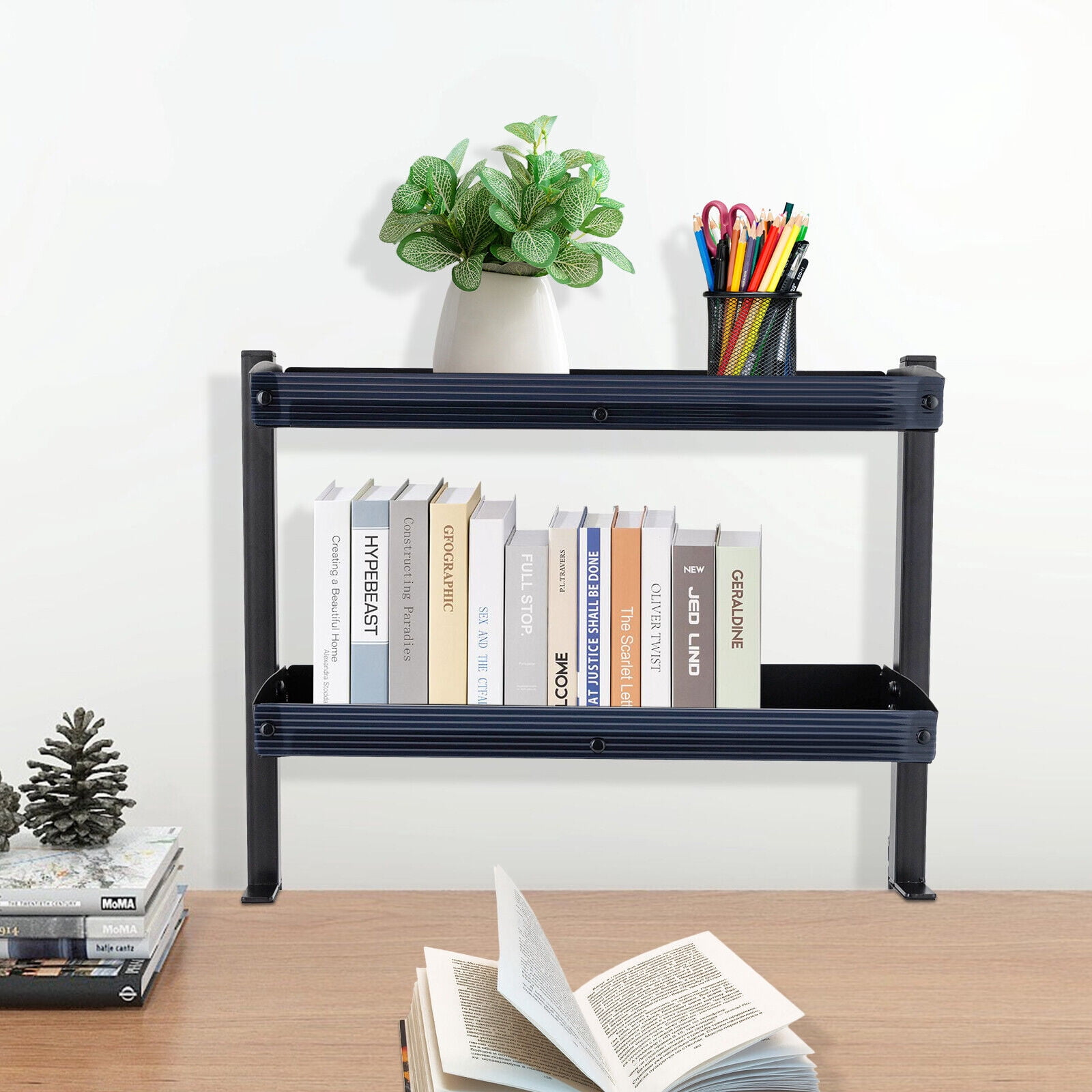 TFCFL 2 Tier Clip-on Desktop Organizer Desk Book Shelf w/ Adjustable Storage Tray For Home Office