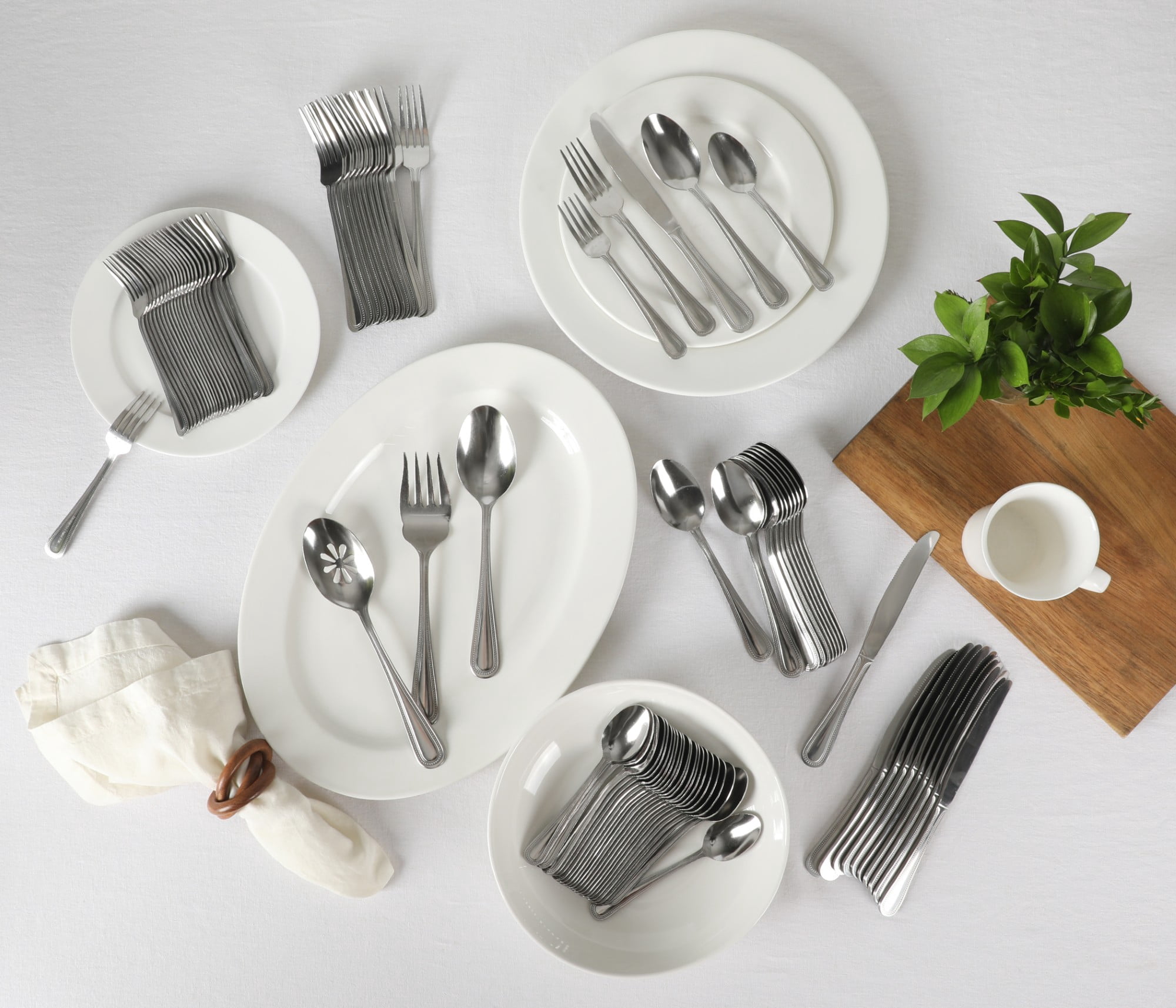 Gibson Home Sinta 87-Piece Stainless Steel Flatware Set with Bead Border Design – Service for 12 Plus Serving Utensils, Polished Silverware, Dishwasher Safe
