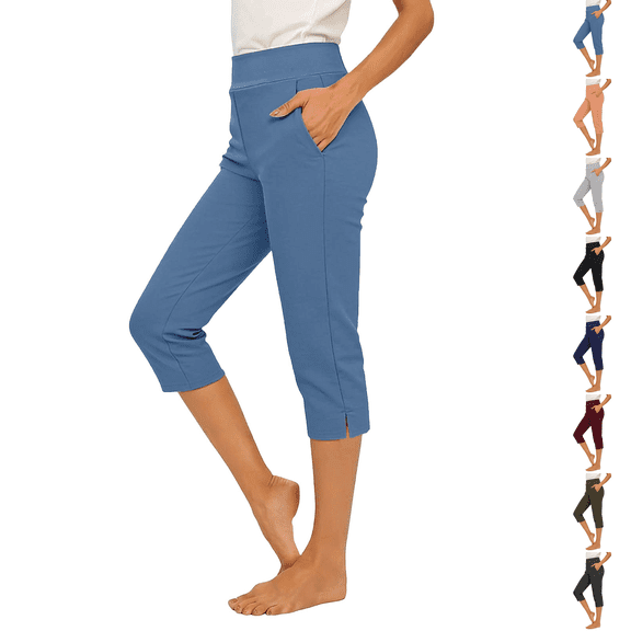 Petite Capris for Women Petite Length Pull on High Waist Tummy Control Athletic Exercise Yoga Leggings Summer Workout Stretchy Below Knee Long Shorts Jegging with Pockets Blue S