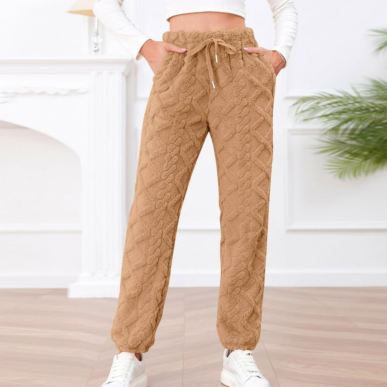 Ladies Hiking Pants Winter Warm Thicken Drawstring Comfy Yoga Pajams Fluffy Pant Business Office Workwear Trousers Khaki XXL