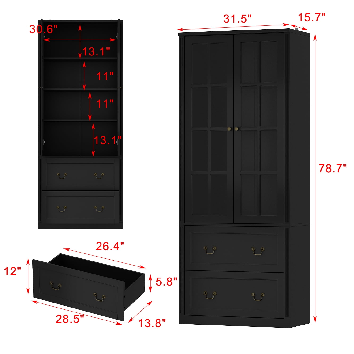 KULAGAGA Pantry Cabinet Kitchen Storage Cabinet with 2 Drawers & Glass Doors, Adjustable Shelves, Pantry and Kitchen Storage Black 15.7" D x 31.5”W x 78.7”H