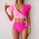 thumbnail image 2 of Conjunto de Trajes de Baño de Color Sólido de las Mujeres, una Pieza Conservadora con Bloqueo de Color, Ruffle Y División Lateral para la Playa Y la Piscina, Desgaste de Verano Modesto, 2 of 9