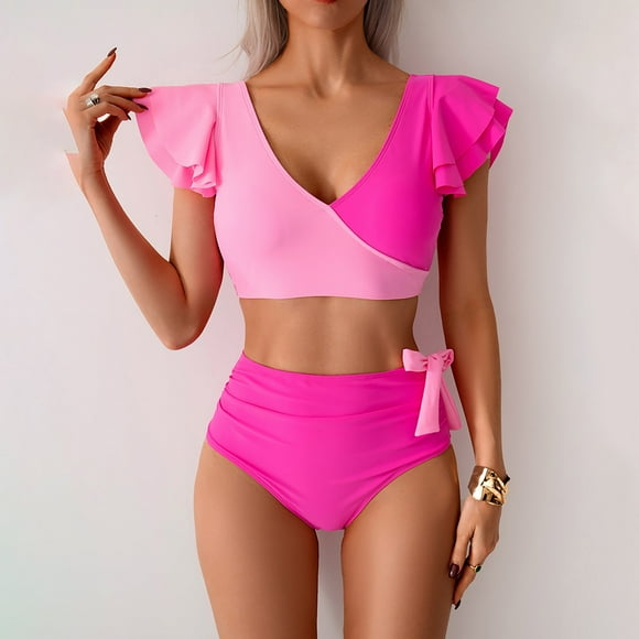 yoeyez Womens Swimsuits Tummy Control,Women Cheeky Tankini Bathing Suitsswim Tops Color Block Ruffle Sleeve with Boyshorts Bottom High Waist Swimwear Pink,S