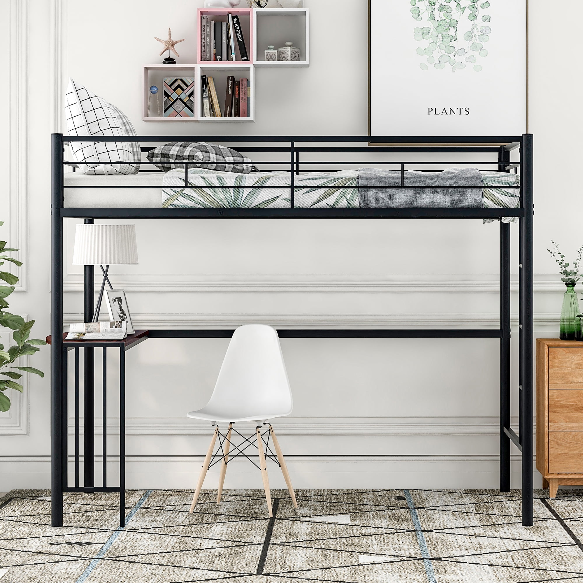 Gewnee Twin Size Metal Loft Bed Frame with Desk,Full-Length Guardrails and Ladder,Black