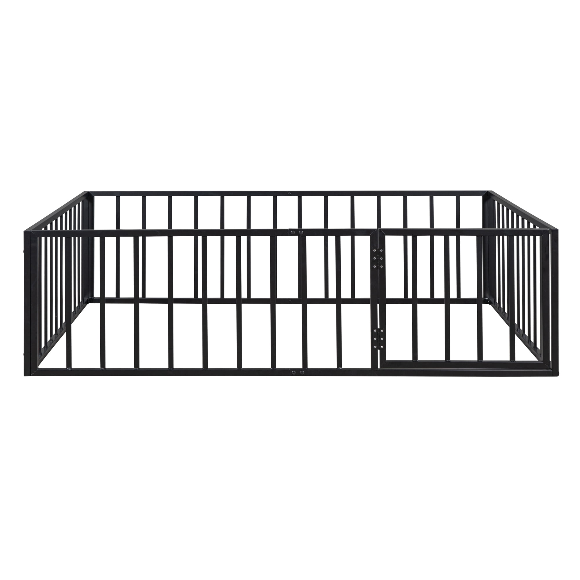 Aukfa Full Size Metal Bed Frame with with Fence and Door, Floor Bed for Kids Toddler, Black