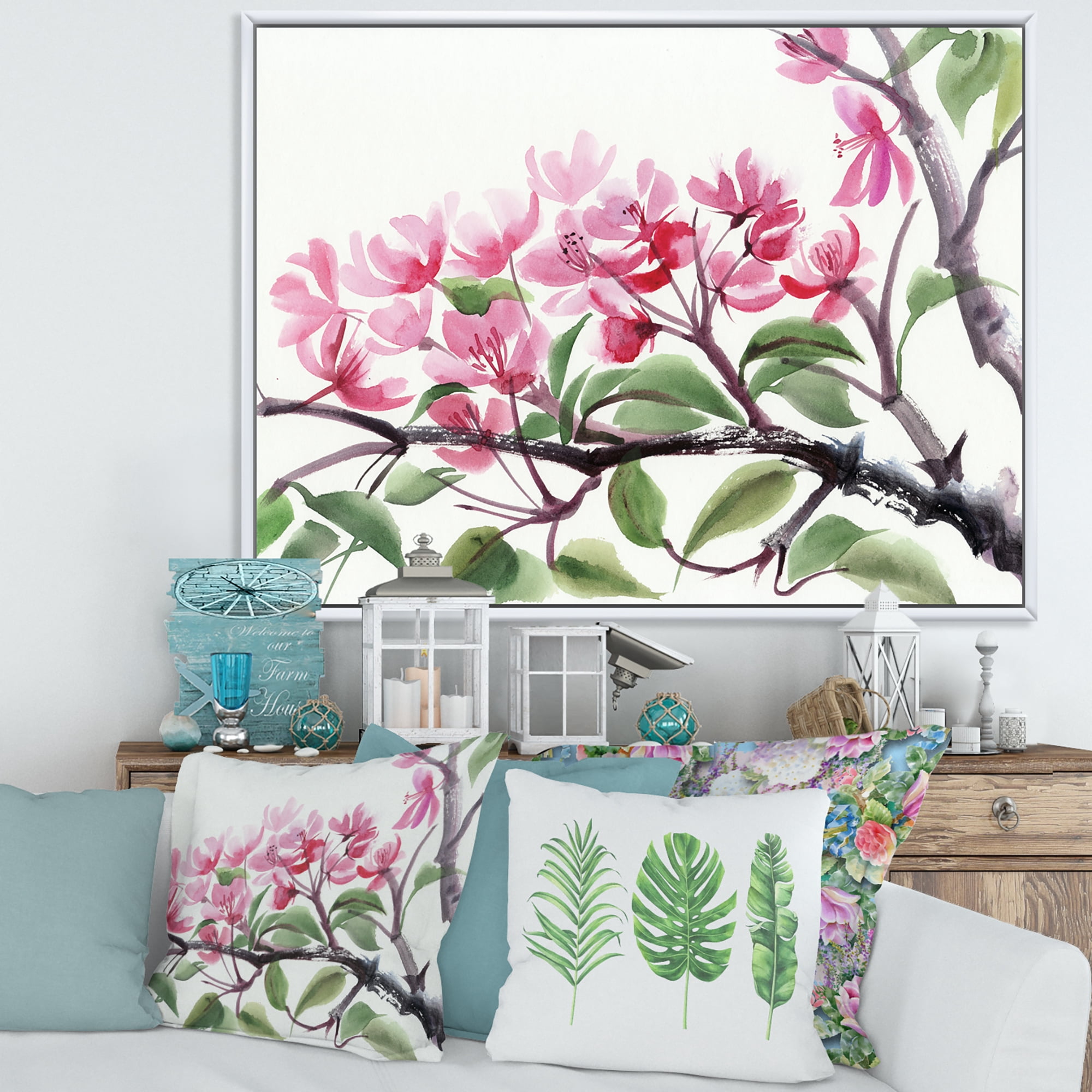 Designart 'Pink Blossoming Floral Tree' Traditional Framed Canvas Wall Art Print