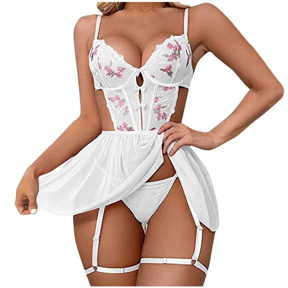Levmjia Women Spaghetti Strap Lace Lingerie Two Piece Set Floral Mesh Corset Top Flared Mini Skirt Panties Indoor Leisure Solid Color Cutout Ruffle Hem Bedroom Valentine