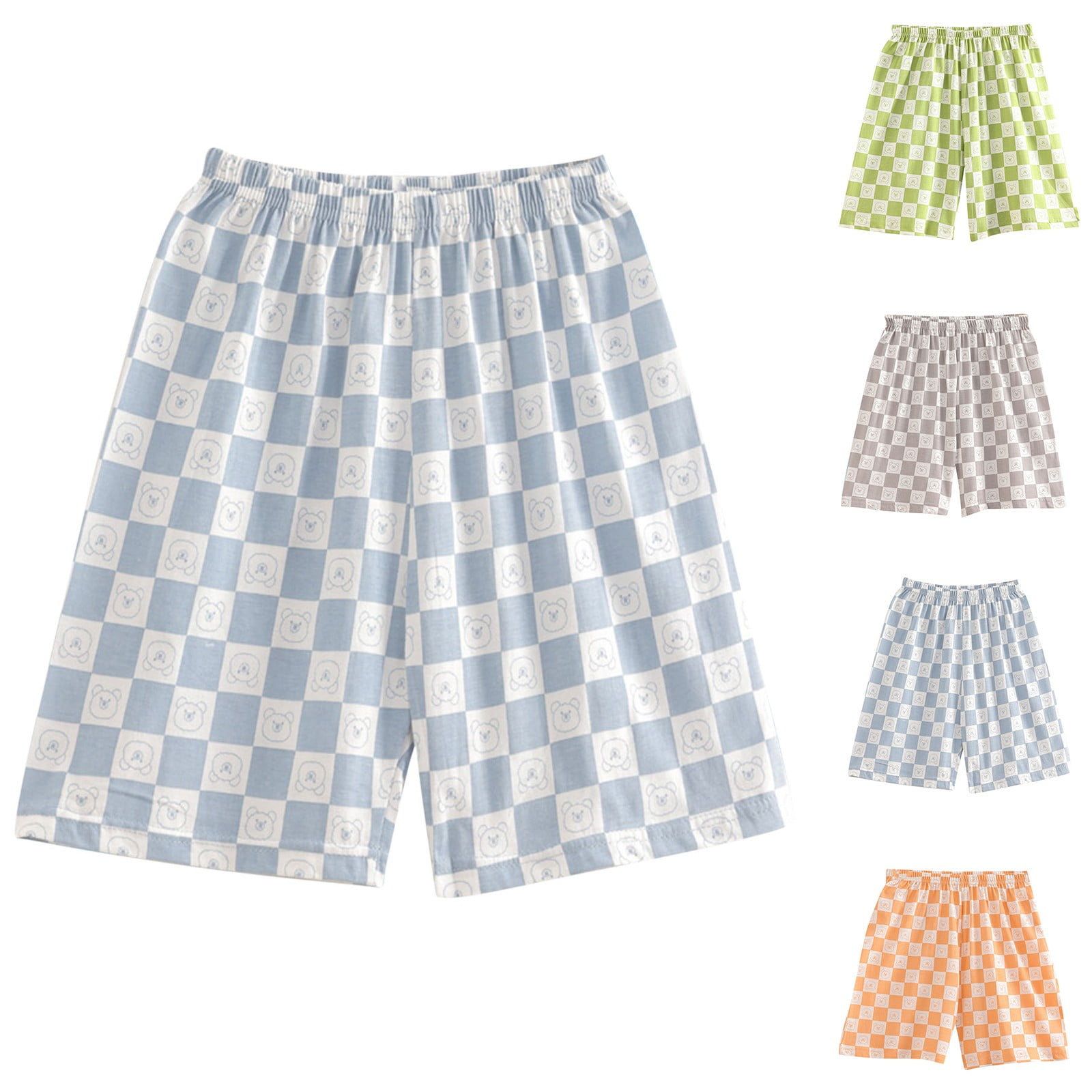 Einccm Children's Bear Print Checkered Shorts, Boys Girls Summer Casual Sports Shorts, Comfortable Elastic Waist, Perfect for Home, Playtime, Travel, and Everyday Wear, Ages 4-15