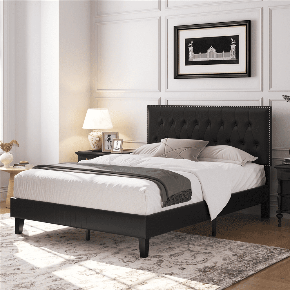 Yaheetech Upholstered Bed Frame with Adjustable Headboard, Full Size ...