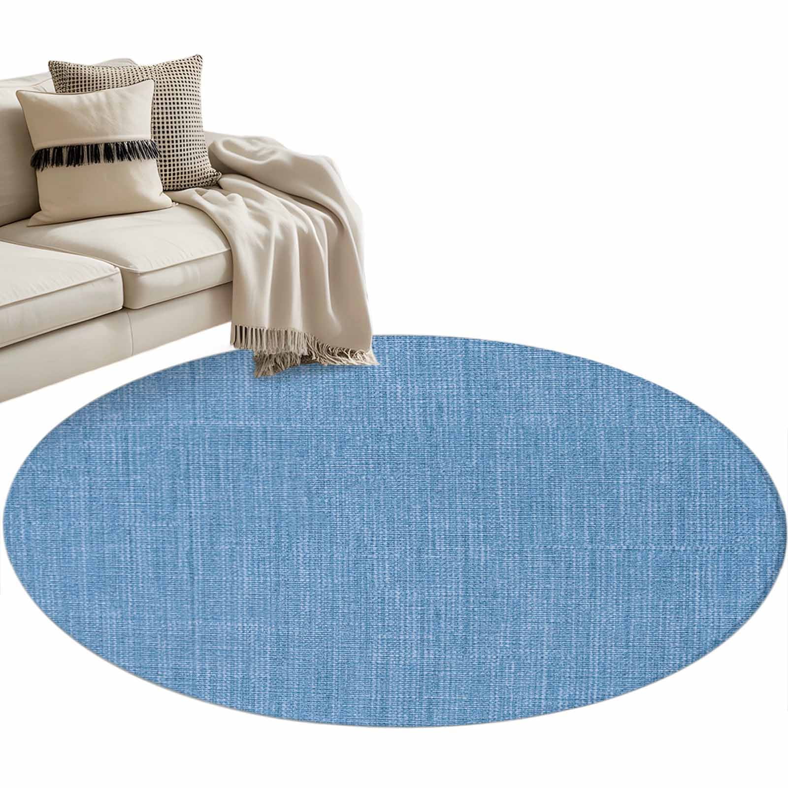 Blue 4ft Round Rug, Farmhouse Burlap Solid Blue Color Modern Linen Texture Non-Skid Rubber Backing Large Area Rugs - Living Room Bedroom Home Office, Indoor Floor Mat Carpets Washable Rug