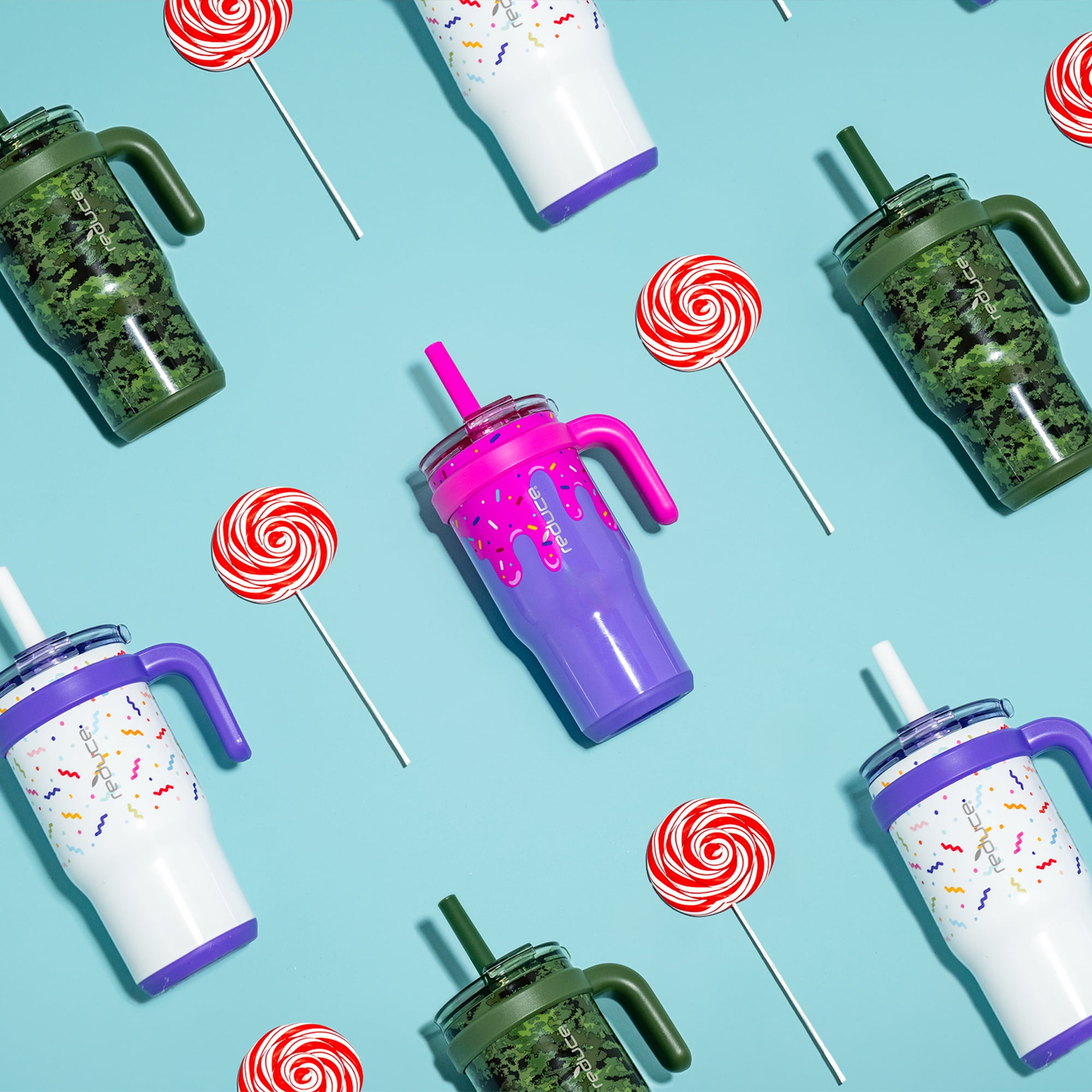Reduce Coldee Kids Tumbler Spill-Proof Straw & Handle. Insulated Stainless Steel 18 oz, Squiggle Wiggle