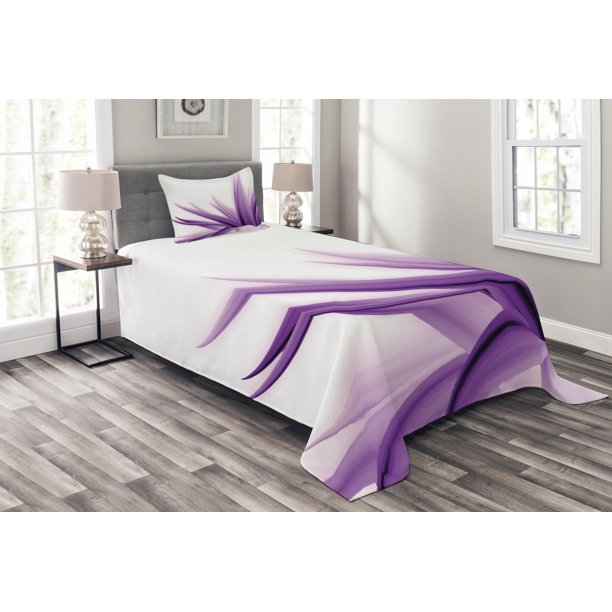 Flower Bedspread Set, Purple Ombre Style Long Leaves Water Colored