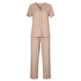 thumbnail image 6 of Blmnix 2 Piece Sleepwear for Women Cotton Pajamas Sleepwear Sets Pjs Sets Full Short Sleeve Beige V-Neck Straight-Leg Womens Pajama Sets Shorts,M, 6 of 6