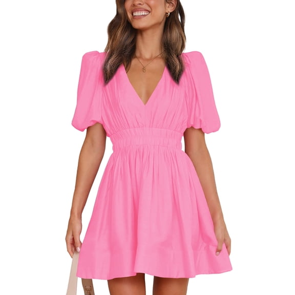 Women 2026 Summer Mini Dress Puff Short Sleeve Sexy V Neck A Line Elastic High Waist Flowy Swing Dresses
