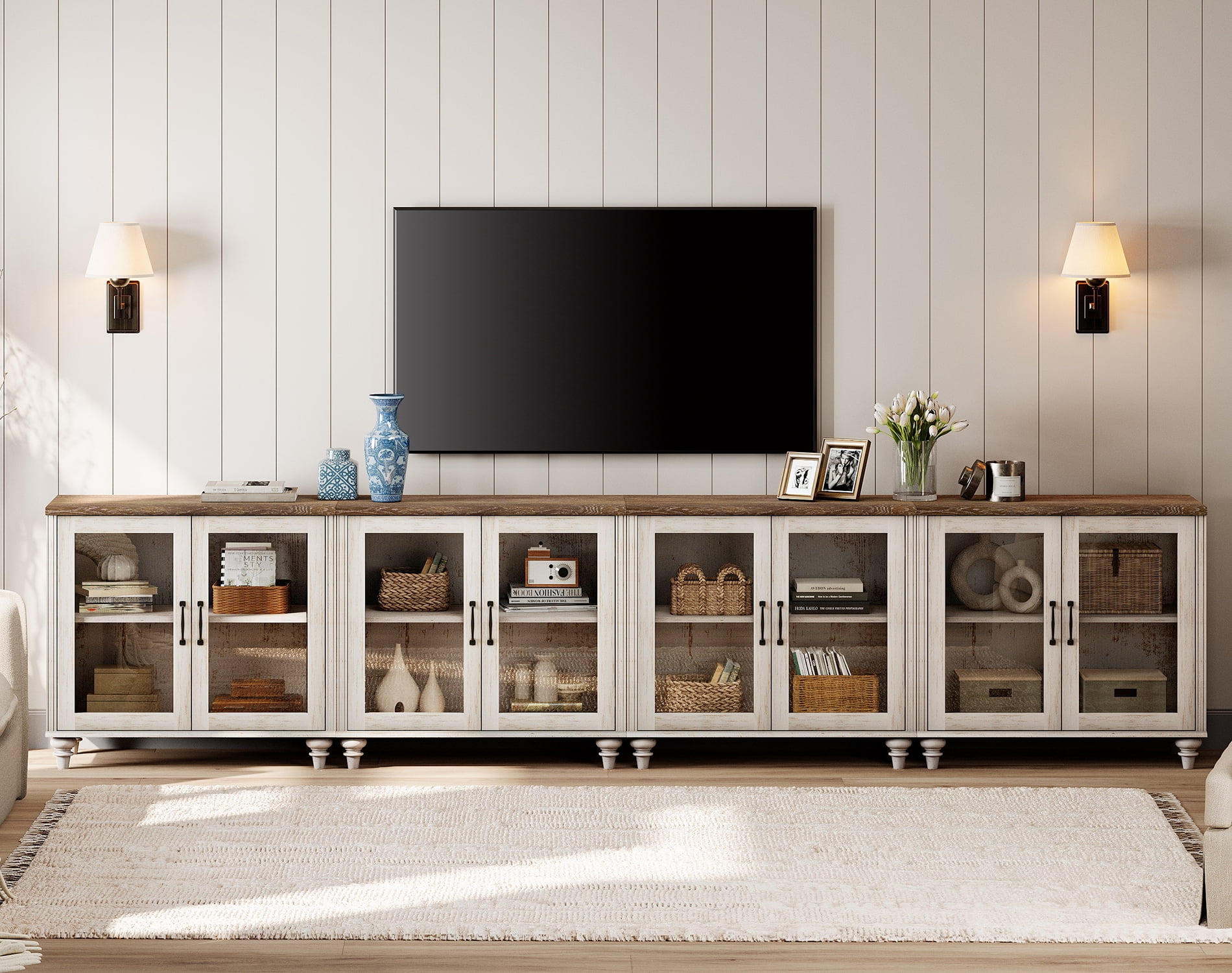 4-in-1 TV Stand, Wood Console Table Storage Cabinet for Living Room, Kitchen Sideboard Buffet Cabinet With Glass Door for Dining Room, Rustic White