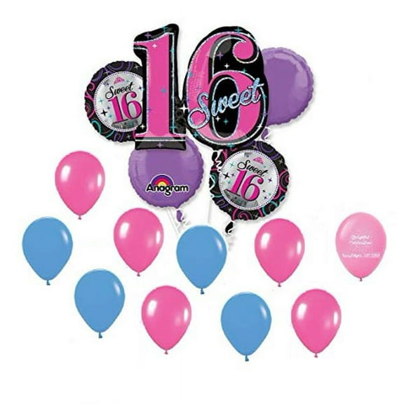 Sweet 16 16th Sixteen NEON Blacklight Glow Birthday Party 15 Mylar & Latex Balloons Bouquet Set