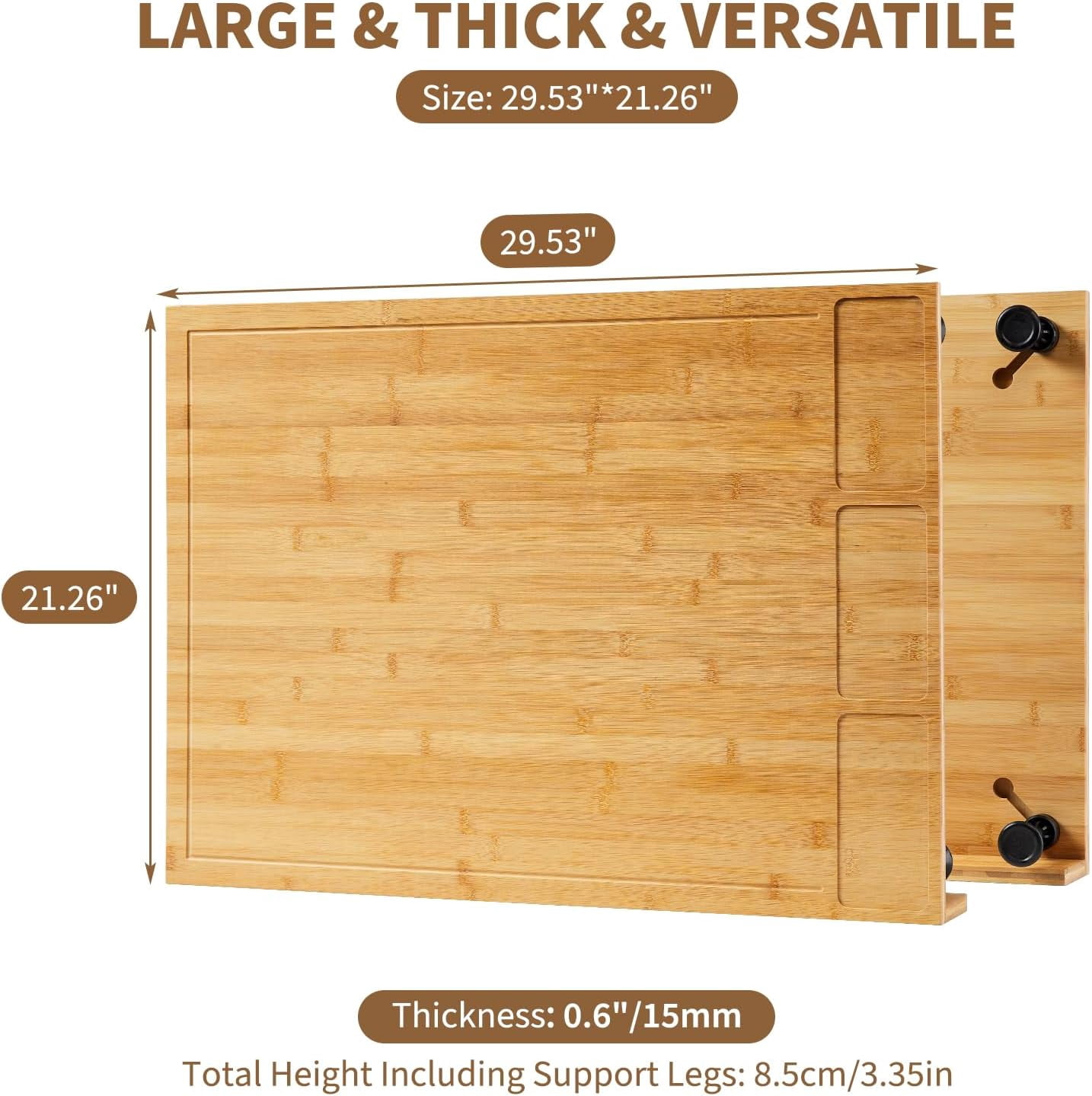 Towallmark Bamboo Cutting Board & Stovetop Cover - Raised Chopping Board with Detachable Legs, Juice Groove & Compartments - Versatile Sink Cover for Home and Restaurant Kitchen Countertops