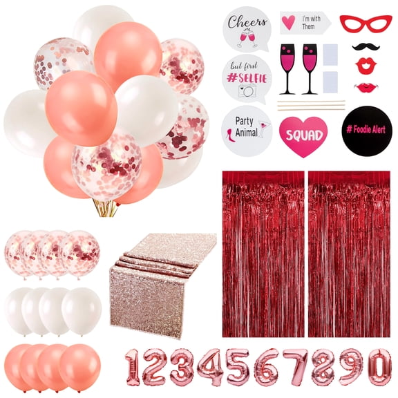 Rose Gold Party Decorations with Table Runner, Curtains, Photo Booth Props and Balloons for Birthdays and Occasions