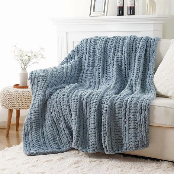Chunky Knit Throw Blanket for Couch, Super Soft Warm Cozy Chenille Throw Blanket, Bluish Grey Blanket for Bed, Sofa, Living Room, 50"x60"