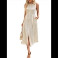 thumbnail image 3 of Vestido Bohemio de Mujer con Cuello Redondo, Color Liso, Sin Mangas y Botones. Beige XL, 3 of 10