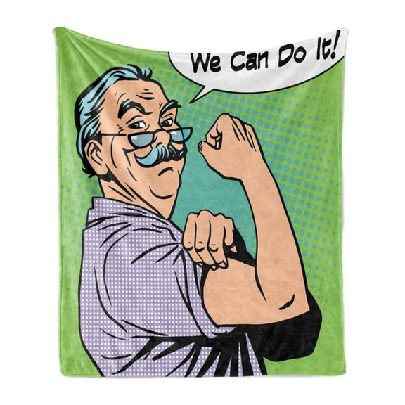 Grandpa Soft Flannel Fleece Blanket, Halftone Circles Background with Cartoon Old Man Flexing We Can Do It Calligraphy, Cozy Plush for Indoor and Outdoor Use, 60" x 80", Multicolor, by Ambesonne