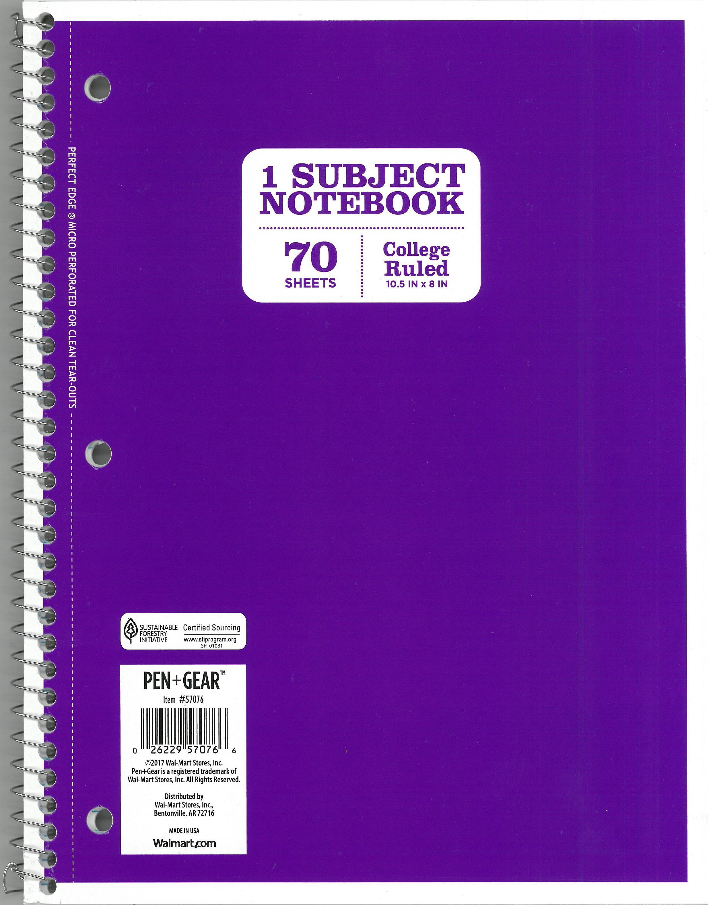 Pen Gear 1 Subject Notebook College Ruled Purple 70 Sheets Walmart Com Walmart Com