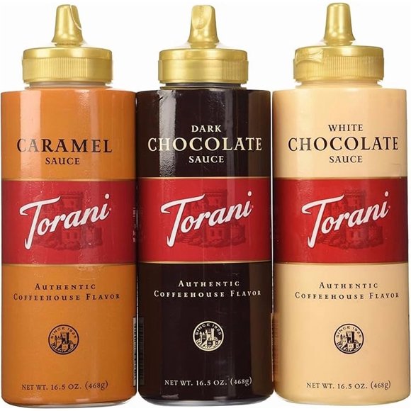 Torani Sauce 3 Pack Dark Chocolate, Caramel, White Chocolate 16.5 Oz with NEW Packaging by Torani