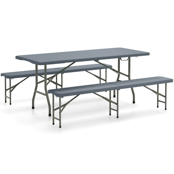 Gymax 3 PCS Folding Picnic Table Set w/ 6 ft Table & 2 Benches HDPE Tabletop Bench Top Gray