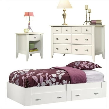 3 Piece Twin Platform Bed with Nightstand and Dresser Set in Soft White
