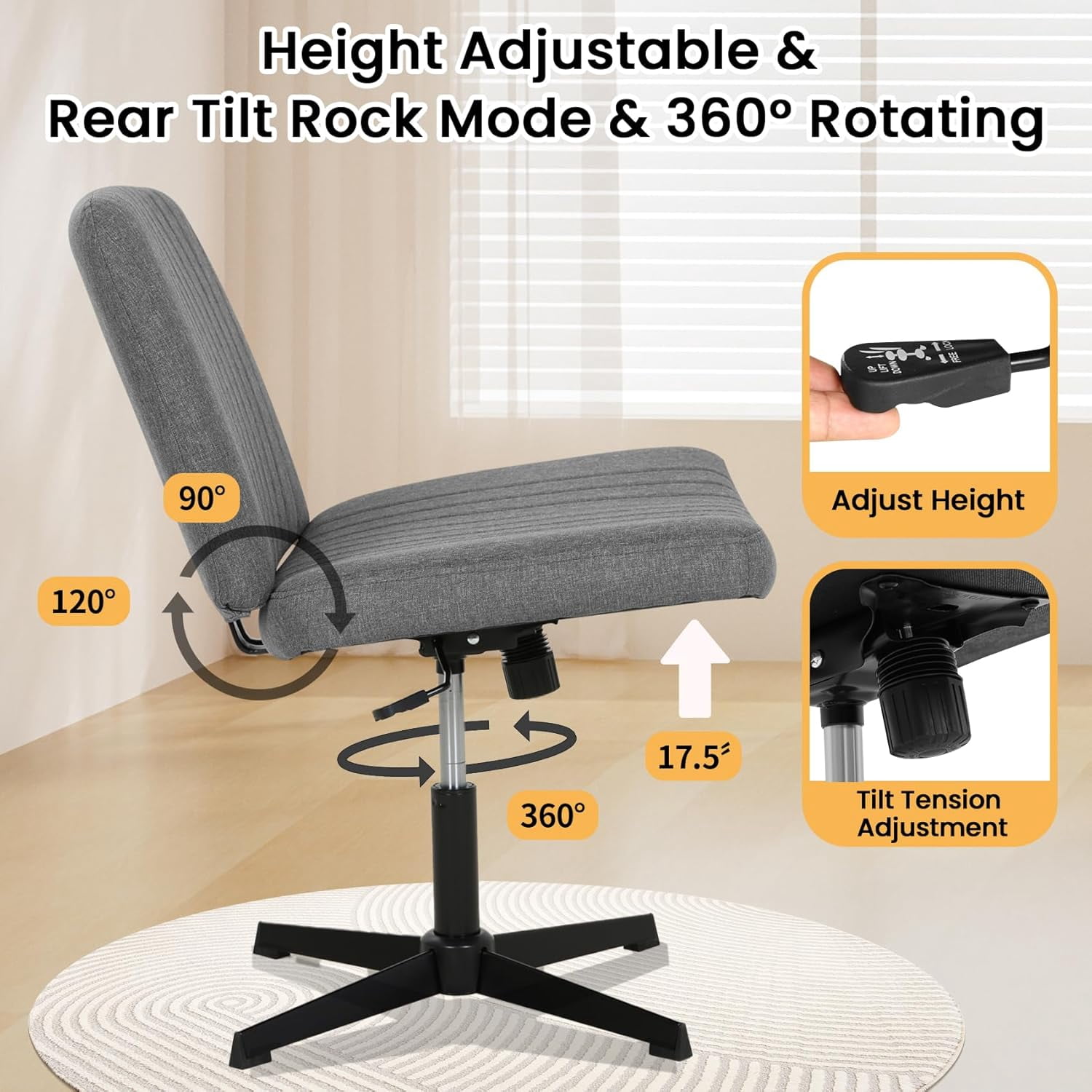 XF XINFENG Criss Cross Task Chair Armless No Wheels Modern Swivel Height Adjustable 250lb Capacity  Ergonomic Desk With Wide Seat Back Computer Vanity Home Office Chairs, Grey