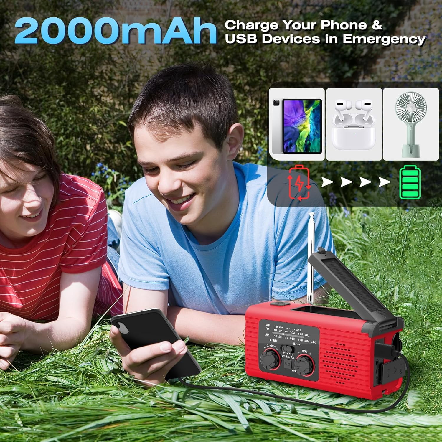 Emergency Weather Radio, 4000Mah Solar Powered Weather Alert Radio With Hand Crank And Usb Charging, Am/Fm Radio With Led Light, Reading Lamp, Sos Alarm, External Headphone Jack