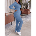 thumbnail image 2 of Two Piece Sets for Women Outfits Ribbed V Neck Top Flare Pants Set Track Suits Long Sleeve Top Jogger Legging Pants Lounge Workout Sets for women Blue L, 2 of 5