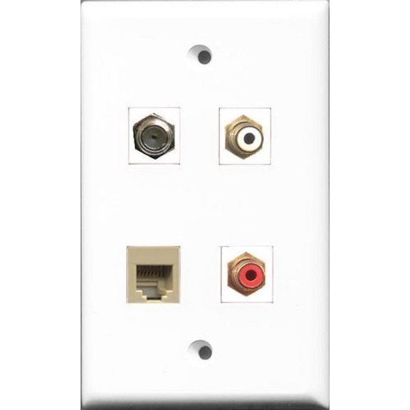 RiteAV 1 Port RCA Red and 1 Port RCA White and 1 Port Coax Cable TV- F-Type and 1 Port Phone RJ11 RJ12 Beige Wall Plate