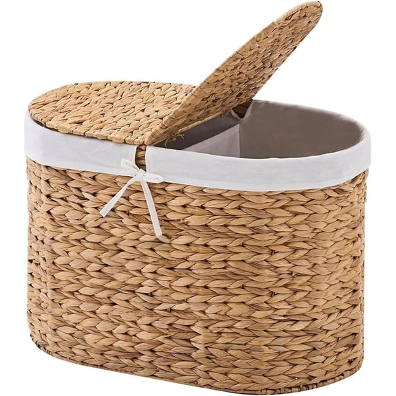 Casa Pura Furniture Handwoven Water Hyacinth Wicker 2-Bins Laundry Hamper with Lid & Removable Liner Bags, Off-White