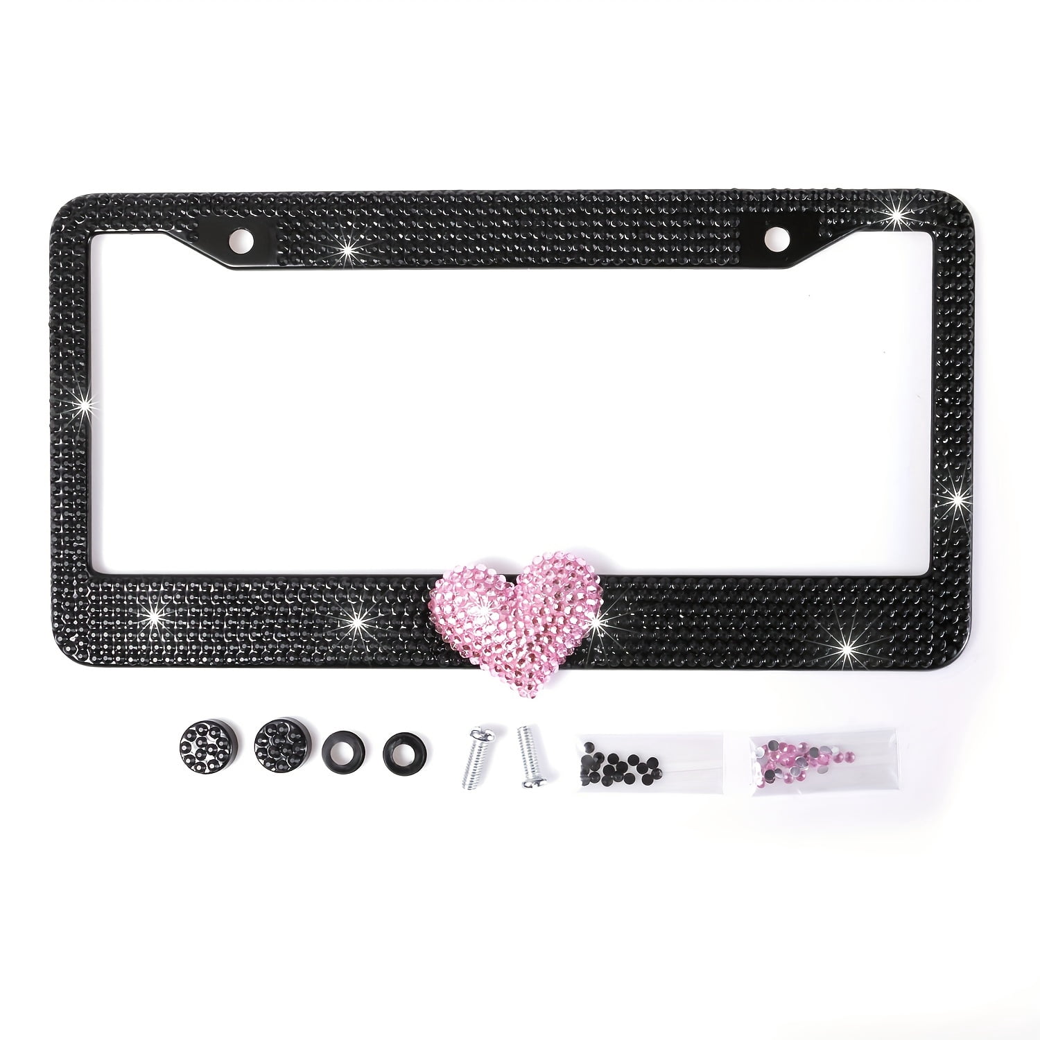 2pcs Pink Heart Design Crystal License Plate Frames,Bling License Plate Covers,Rhinestone License Plate Holder For Women