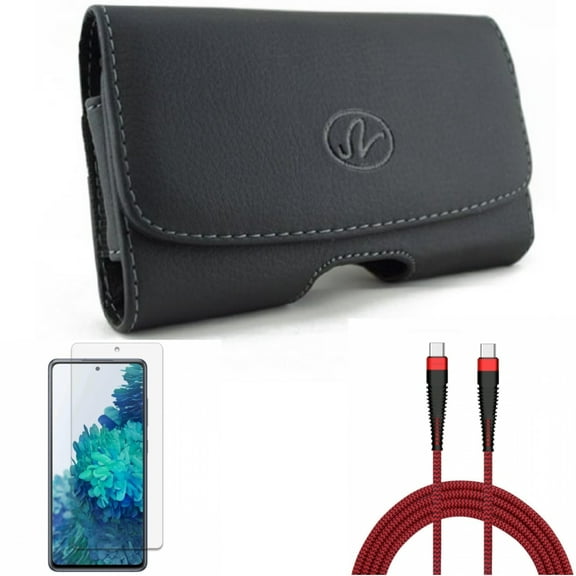 Screen Protector & Case Belt Clip & 10ft PD Cable for Samsung Galaxy S20 Fan Edition - Anti-Glare Tempered Glass   Leather Swivel   Type-C to USB-C Charger Cord Combo