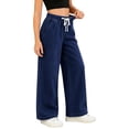 thumbnail image 3 of Falkdiz Denim Pants for Girls Outdoor Drawstring Trousers Solid Color Pantalones Casual Wide Leg Elastic Waist Girls Drawstring Pockets Relaxed fit , Dark Blue , Size: 11, 3 of 8