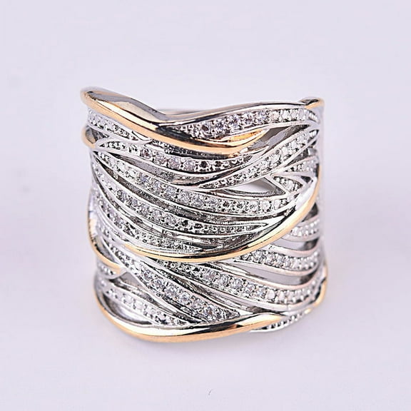 Sterling Silver Wide Band Ring, Multi Cross Lines  Ring, Gold and Silver Two-Tone, Women's Knot Index Ring