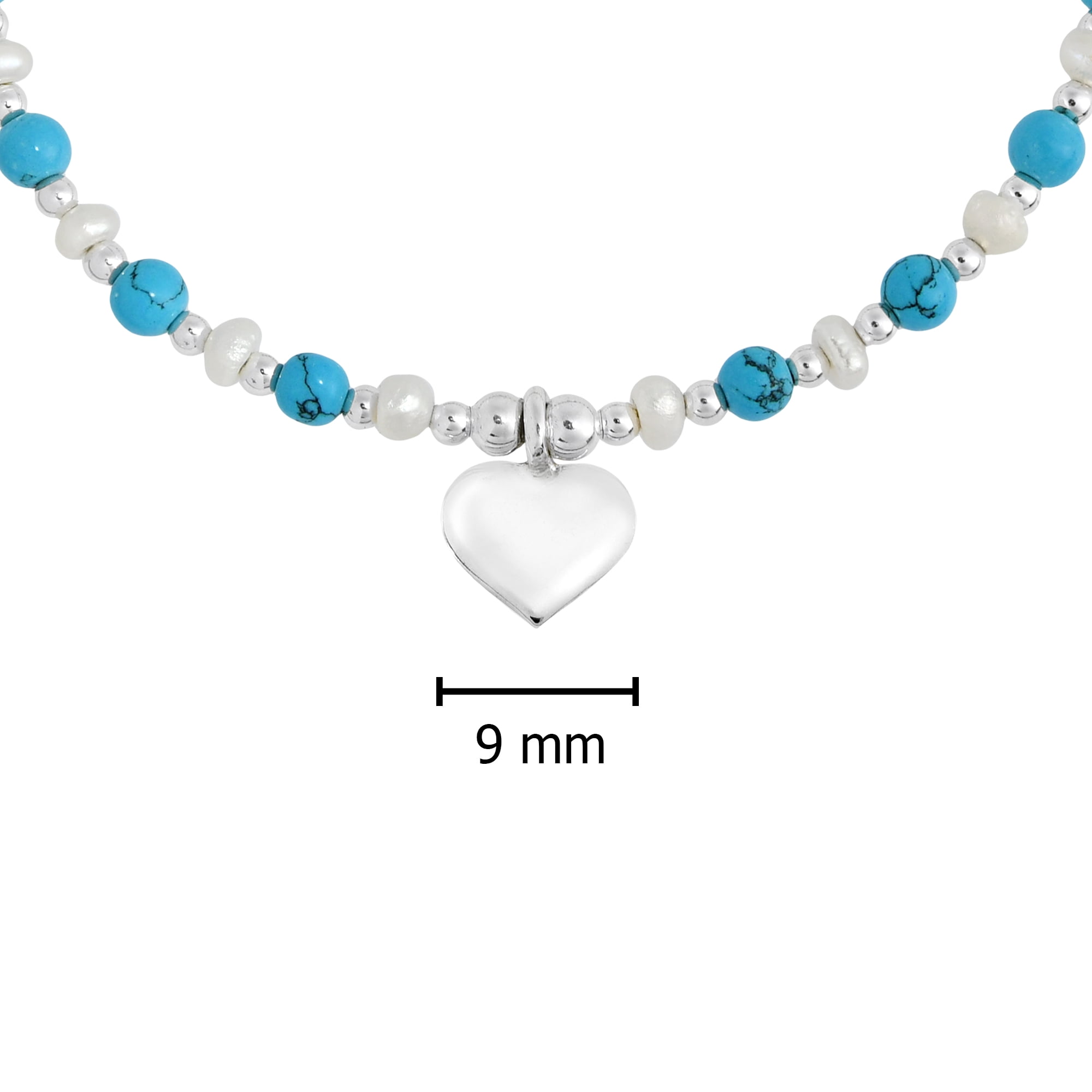 Sweet Heart Charm Blue Turquoise and Freshwater Pearl Sterling Silver Bracelet