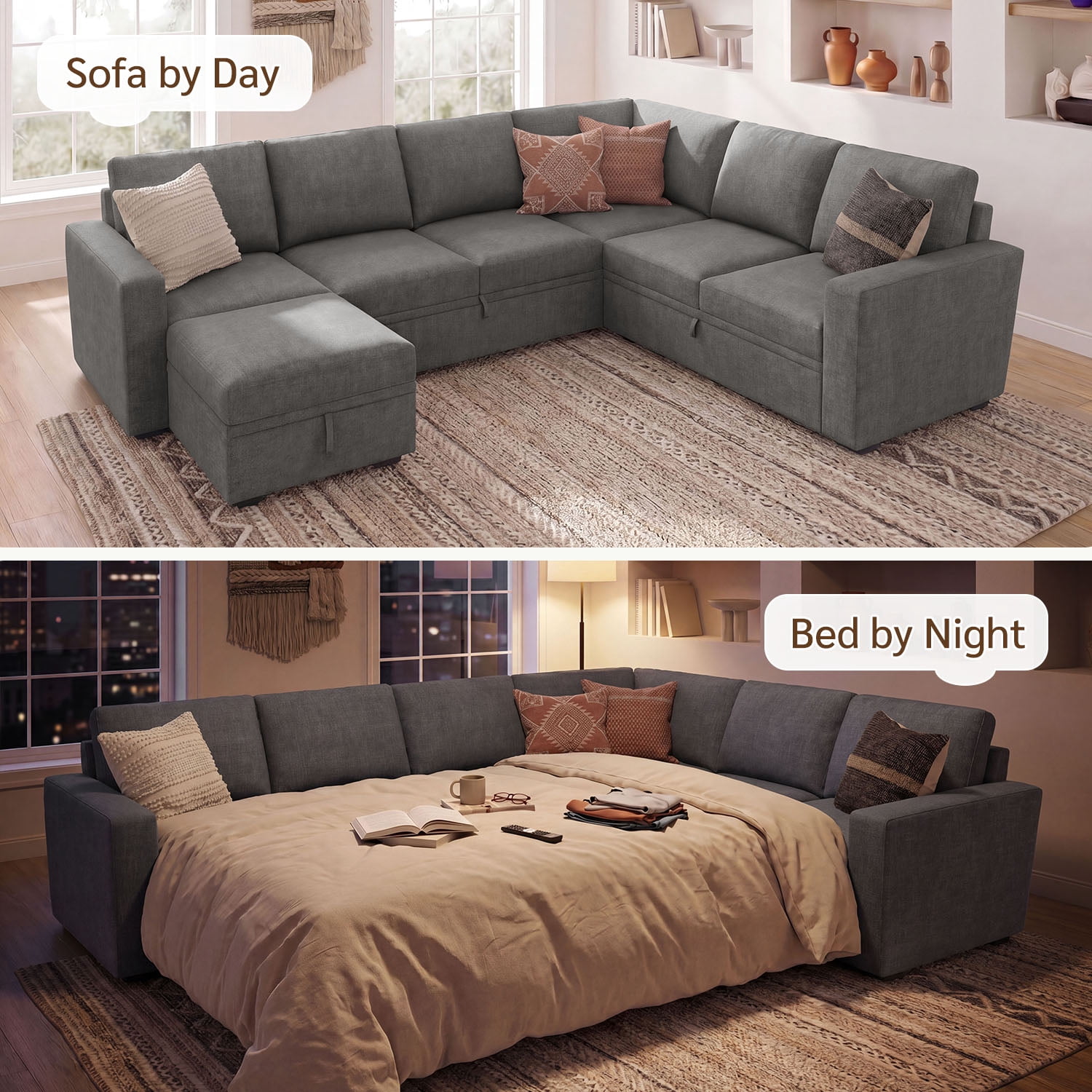 Marrber Sectional Linen Sleeper Sofa Bed with Storage and Pull-Out Couch for Living Room, Grey