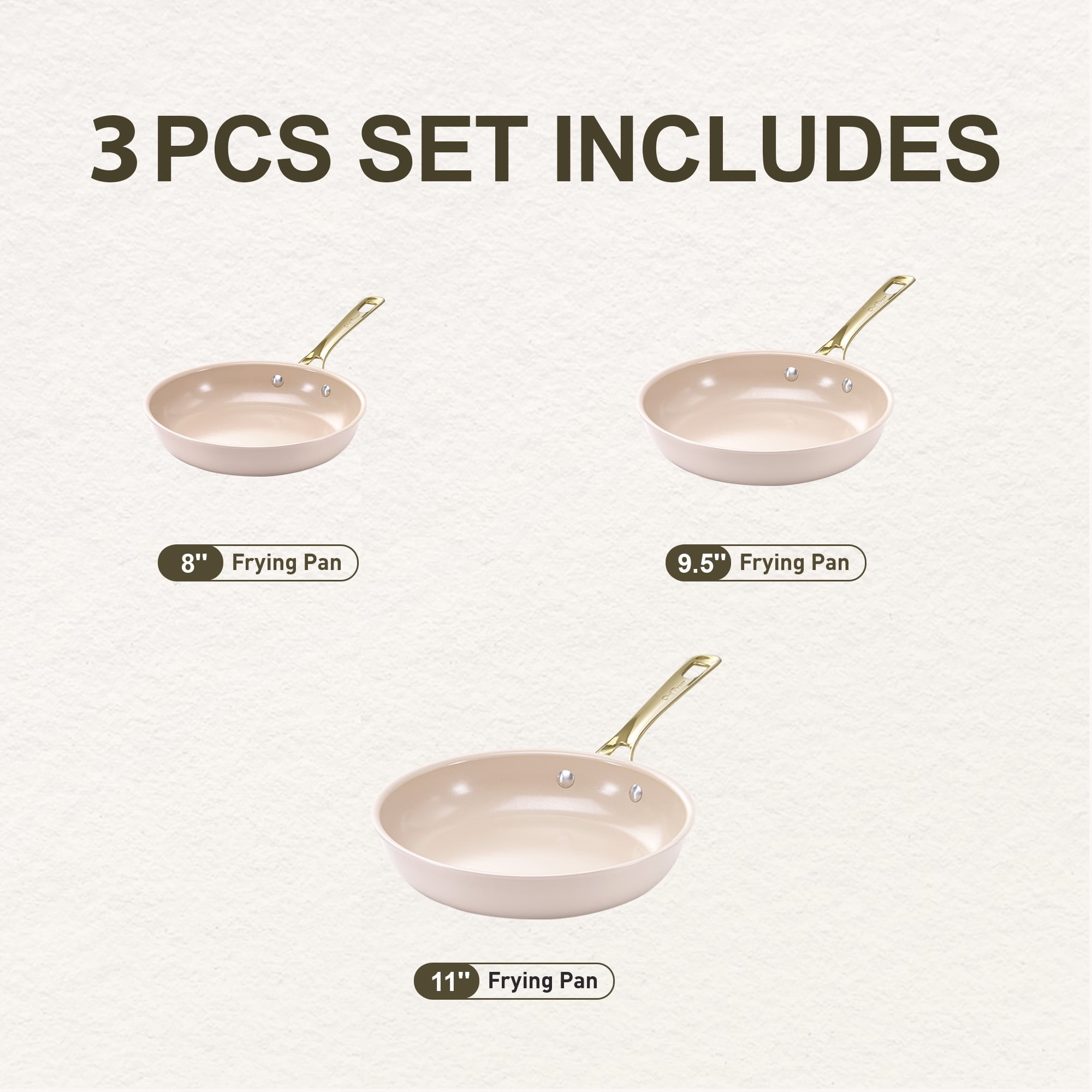Chef Power Ceramic Non Stick Cookware Sets, 3Pcs Pans Set with Stainless Steel Handle Taupe