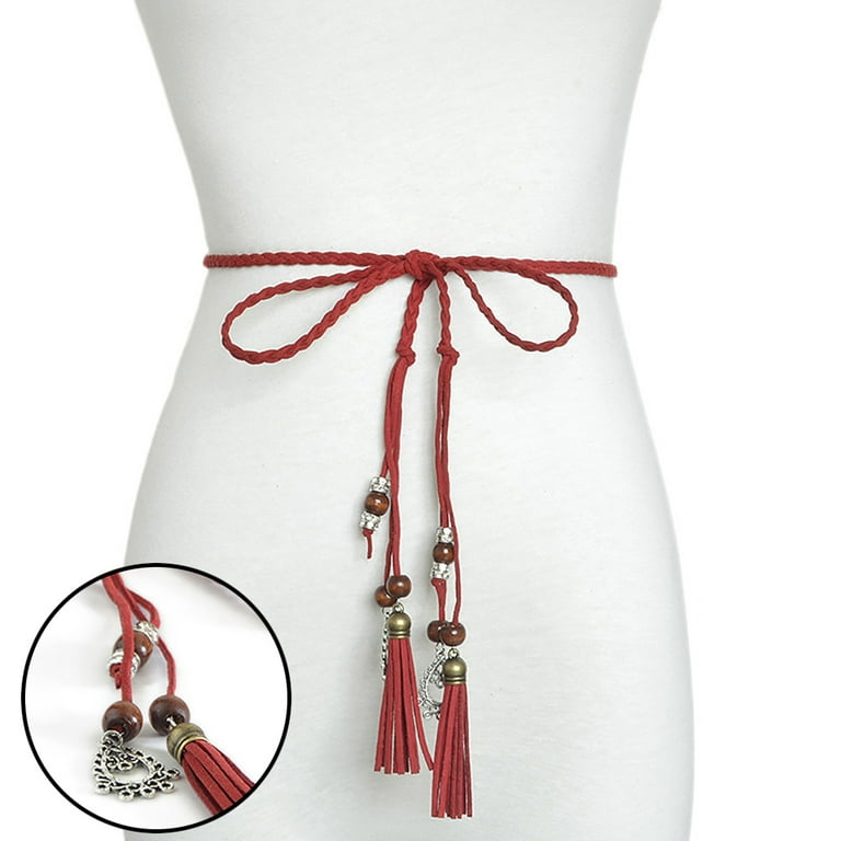 Anvazise Women Braided Beads Tassels Thin Skinny Waist Rope Belt